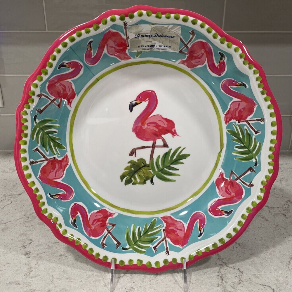 TOMMY BAHAMA 13.5” Pink Flamingo Palm Leaf Melamine Lrg Serving Chip Salad Bowl